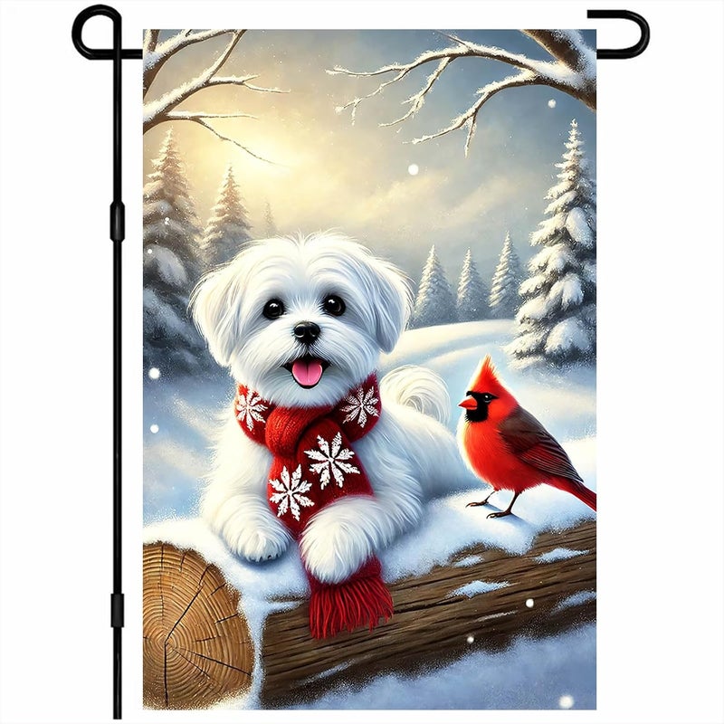 BlissYard Christmas Garden Flag 12x18 Inch Double Sided Maltese Dog in Red Scarf Garden Flag Winter Holiday Yard Banner Outdoor Decoration Farmhouse Christmas Flag for Porch Lawn Welcome Seasonal Outdoor Decor - Image 1